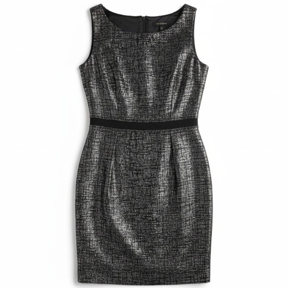Giambattista Valli Paris Metallic Tweed Sheath Dress Black Gold Silver Size 42